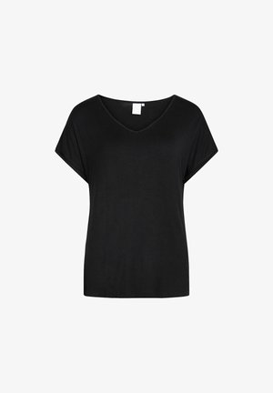 Fekete V nyakú póló puha anyagból, rövid ujjakkal, laza szabással és sima textúrával, minták vagy díszítések nélkül.