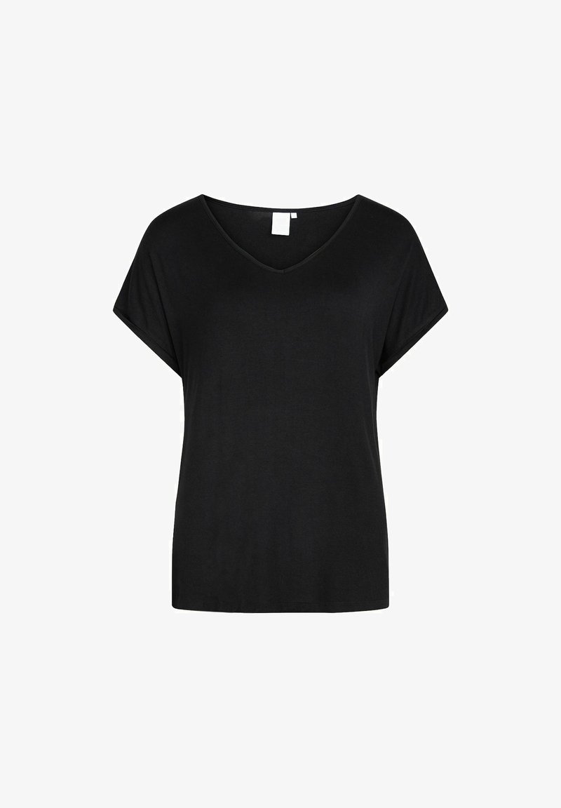 Must mustärgiga V-kaelusega t-särk, mis on valmistatud pehmetest kangast, lühikeste varrukatega, vabalt istuv ja sileda tekstuuriga ilma mustrite või dekoratsioonideta.
