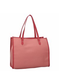 Röd och rosa tygkasse med långa handtag, strukturerad form och kontrasterande sömmar. Stor huvudficka för förvaring.