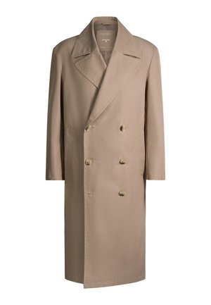 Trench-coat beige croisé avec larges revers et six boutons, manches longues et coupe droite.
