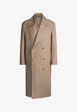 Trench-coat beige croisé avec larges revers et six boutons, manches longues et coupe droite.