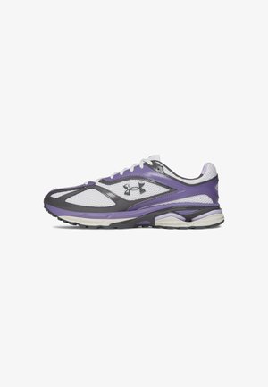 Running shoe with white mesh, purple and gray overlays, logo on the side, and cushioned sole shown in profile view.