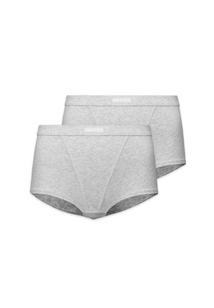 Gray cotton boxer briefs featuring a soft texture, a mid-rise waistband with logo detailing, and a classic cut for comfort and fit.