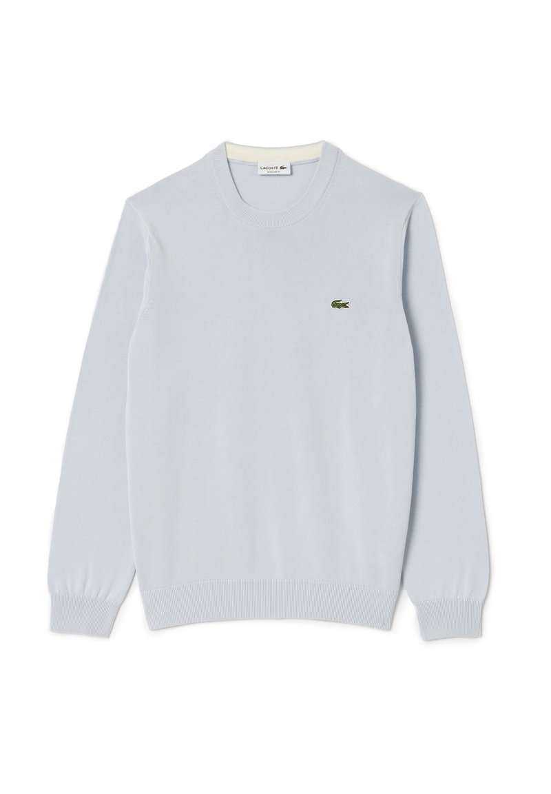 Maglione lavorato a maglia azzurro chiaro con scollo rotondo, polsini e fondo a costine. Presenta un piccolo logo verde sul lato sinistro del petto.