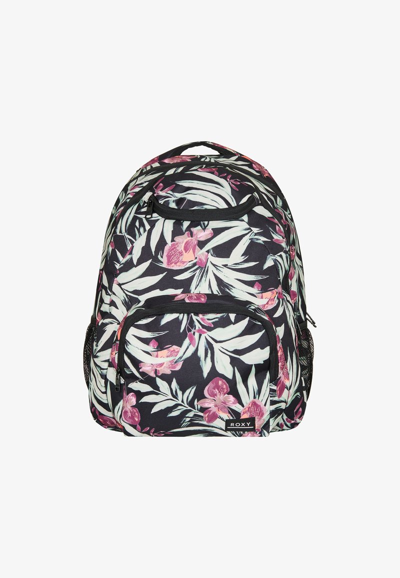 Black floral backpack with pink and green leaf patterns, featuring a front zip pocket, mesh side pockets, and a top carry handle.