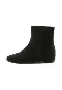 Black ankle boot with a smooth suede texture, rounded toe, and a subtle wedge heel. Features a simple, seamless design and rubber outsole.