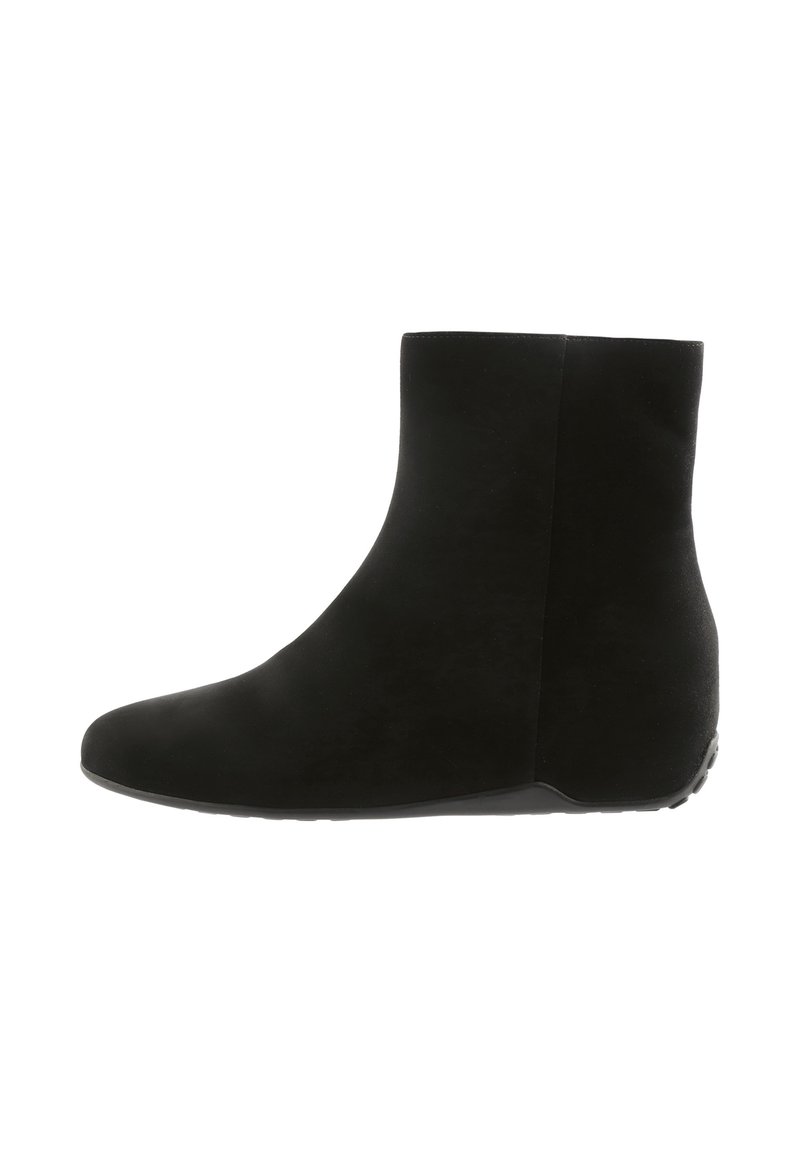 Black ankle boot with a smooth suede texture, rounded toe, and a subtle wedge heel. Features a simple, seamless design and rubber outsole.