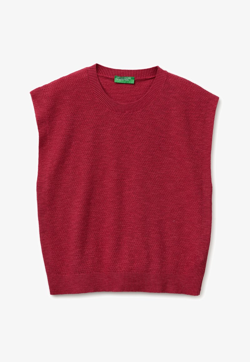Roter ärmelloser Strickpullover mit einem gerippten Rundhalsausschnitt und Saum, mit dem Etikett United Colors of Benetton.