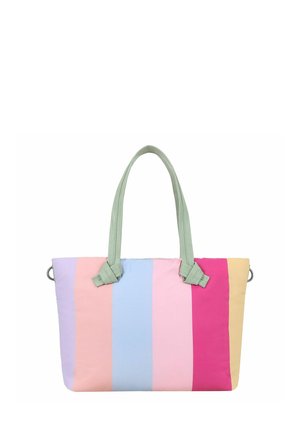 Tote bag met verticale pastelkleurige blokken in lavendel, perzik, blauw, roze, magenta en geel, met groene dubbele schouderbanden.
