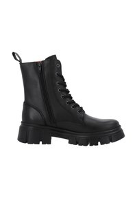 Bota de combate de cuero negro con suela gruesa, cremallera lateral, cordones delanteros y tira en la parte trasera.