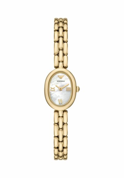 Gold-tone linked bracelet watch with oval mother-of-pearl face, Roman numerals at 9, 3, 6, and gold logo at 12 o'clock.