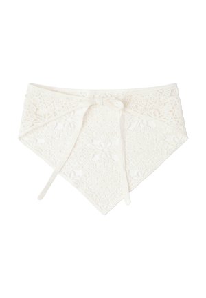 Hvid blonder stof bandana med blomsterprint og bånd, designet til at vikle rundt om halsen eller hovedet.
