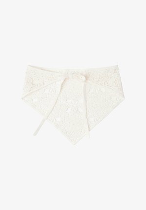 Hvid blonder stof bandana med blomsterprint og bånd, designet til at vikle rundt om halsen eller hovedet.
