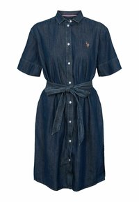 Džínsové šaty-košeľa s krátkymi rukávmi, zapínaním na gombíky vpredu, opaskom v páse a vyšívaným logom na hrudi v tmavomodrej farbe.