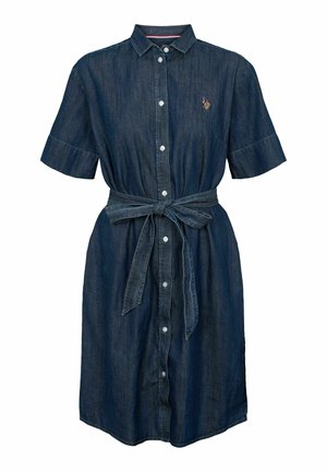 Džínsové šaty-košeľa s krátkymi rukávmi, zapínaním na gombíky vpredu, opaskom v páse a vyšívaným logom na hrudi v tmavomodrej farbe.