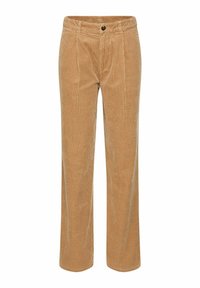 Corduroy broeken in een lichtbruine kleur, met een recht model, plooien aan de voorkant en een knoopsluiting. Gestructureerd oppervlak.