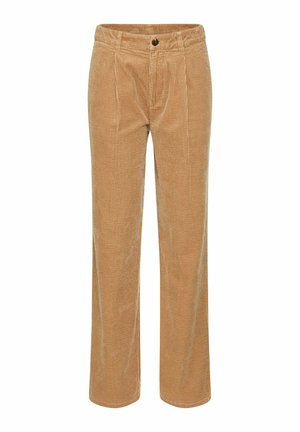 Corduroy broeken in een lichtbruine kleur, met een recht model, plooien aan de voorkant en een knoopsluiting. Gestructureerd oppervlak.
