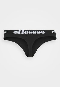 Black cotton thong with a wide elastic waistband featuring the text "ellesse" in white. Smooth texture and minimal design.