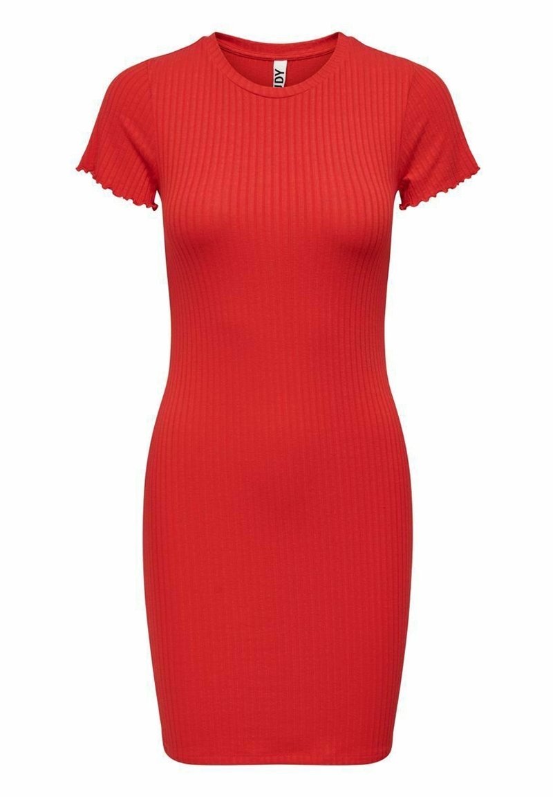 Robe moulante rouge à manches courtes côtelée avec col rond et bordure festonnée aux manches, longueur genou.