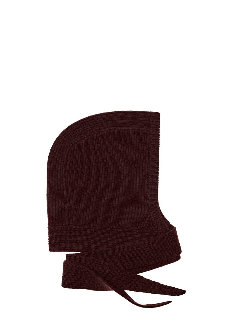 Bordeaux strikket hætte med struktureret ribdesign, en fast form og lange bånd til fastgørelse. Har afrundede kanter og en blød overflade.