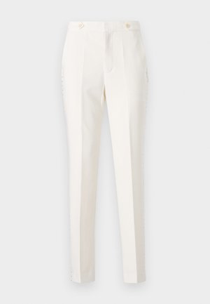 Witte op maat gemaakte broeken met een slim fit, voorzien van twee voorke pockets, dubbele knoopsluiting en subtiele zijkanten. Soepele textuur.