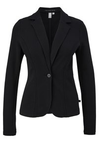Blazer noir sur mesure avec fermeture à un bouton, revers crantés et longues manches ajustées, conçu pour femmes.