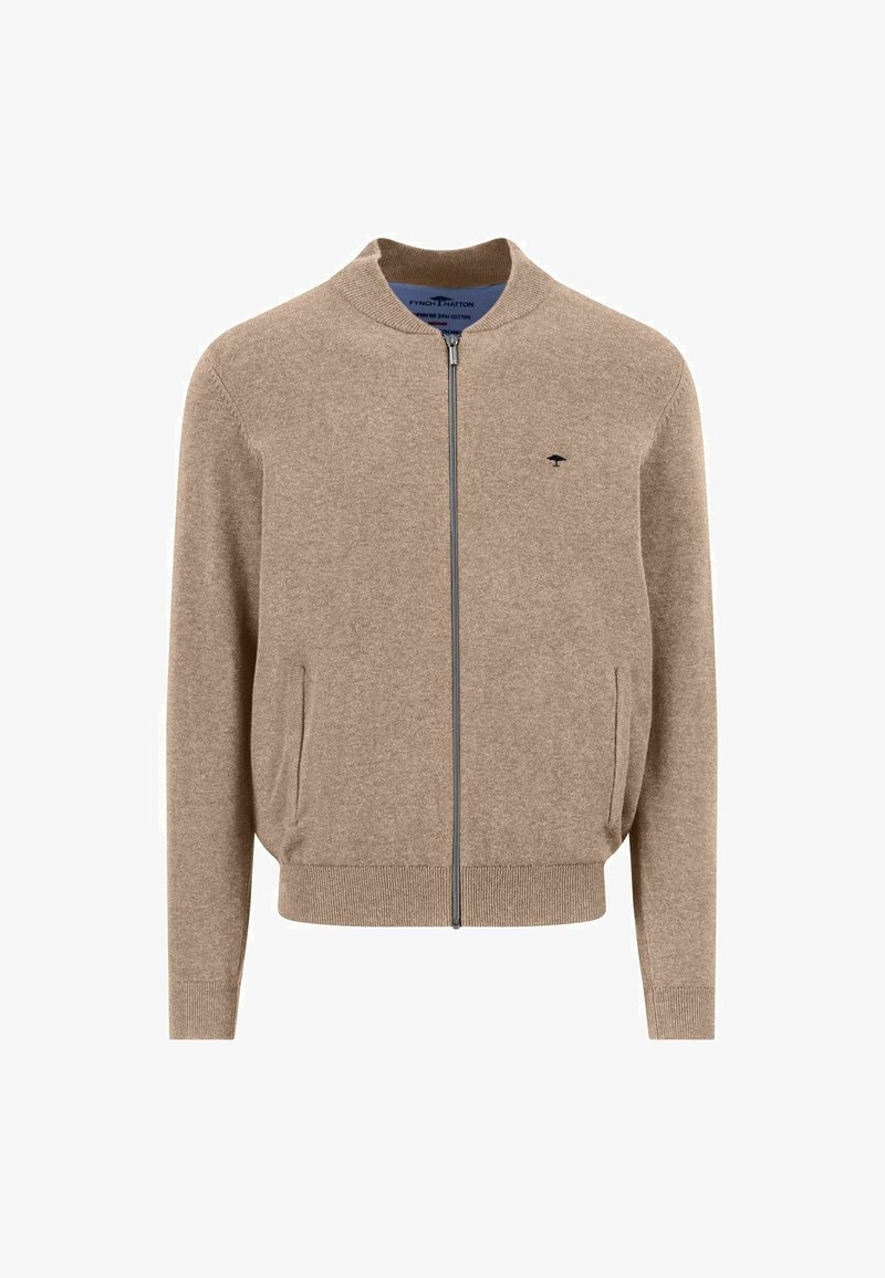 Lichtbruine ritsvest met geribde kraag, manchetten en zoom, voorzien van twee voorzakken en een klein zwart geborduurd logo op de borst.