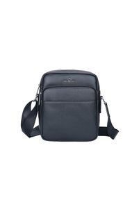 Borsa a tracolla in pelle nera con finitura testurizzata, dotata di una tasca anteriore con zip, tracollo regolabile e logo impresso nella parte superiore.