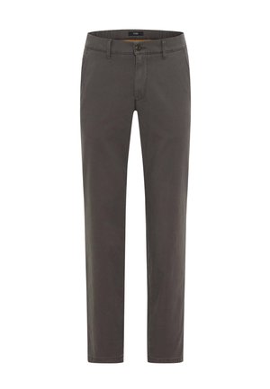 Graue Chinos aus Baumwoll-Twill, mit flachem Bund, zwei Seitentaschen, Knopfverschluss und geradem Beinschnitt.