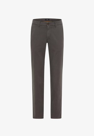 Chino grigi in twill di cotone, con vita piatta, due tasche laterali, chiusura a bottone e taglio dritto.