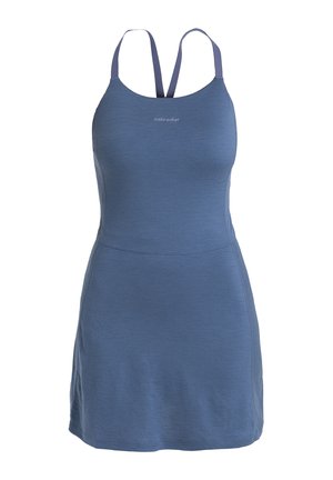 Blue sleeveless dress with thin spaghetti straps, made from a textured material. Features a fitted bodice and a flared skirt design.
