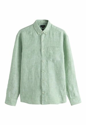 Overhemd met lange mouwen, lichtgroen gestreept, met knopen, knoopkraag en één borstzak, vooraanzicht op witte achtergrond.