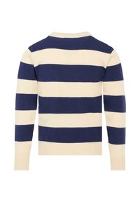 Sweter w paski w beżowe i granatowe poziome paski, okrągły dekolt i długie rękawy. Wykonany z miękkiego materiału dzianinowego.