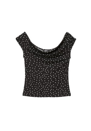 Haut noir à manches courtes avec décolleté drapé, décoré de pois blancs. Confectionn�é en tissu lisse avec une coupe ajustée.