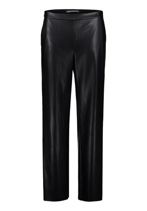 Pantalons en cuir noir avec une texture lisse, design à jambe droite et taille haute. Aucun matériel ni motif visible.