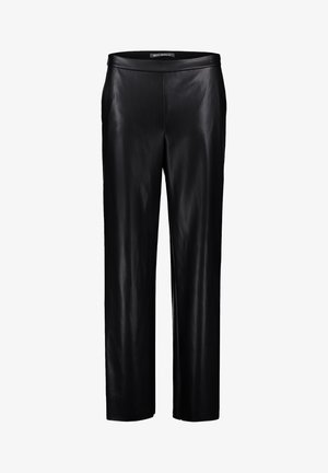 Čierne kožené nohavice s hladkou textúrou, rovným strihom a vysokým pásom. Žiadne viditeľné kovanie ani vzory.