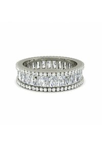 Anello con design a doppia fila in strass. La fascia in argento presenta pietre chiare rettangolari e rotonde alternate, creando un effetto stratificato.