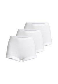 Three pairs of plain white cotton boyshort underwear stacked diagonally on a white background.