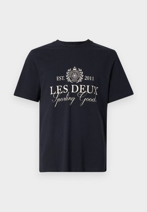 Navy cotton t-shirt with short sleeves. Features white text: "LES DEUX Sporting Goods EST. 2011" and a circular logo design.
