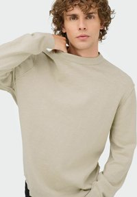Lichtbeige gebreid sweater met een ronde halslijn en lange mouwen. De textuur lijkt zacht met subtiele variaties in de stof.