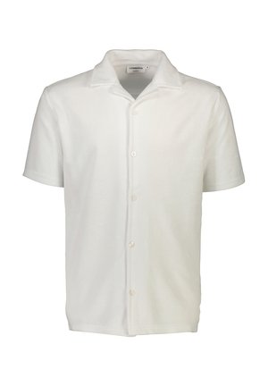 Short-sleeve button-up shirt in white, made from soft fabric. Features a camp collar and five buttons down the front. Smooth texture.