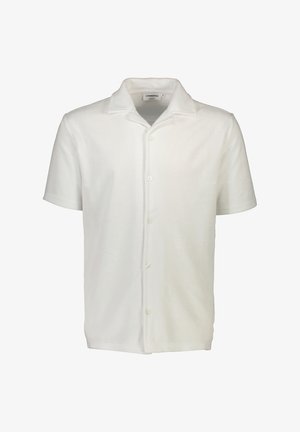 Camicia a maniche corte con bottoni di colore bianco, realizzata in tessuto morbido. Presenta un colletto alla camicia e cinque bottoni sulla parte anteriore. Texture liscia.