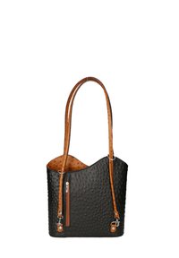 Zwarte handtas met een textuur, bruinleren handgrepen, een open bovenkant, een zijzak met rits en een stippenpatroon aan de buitenkant.