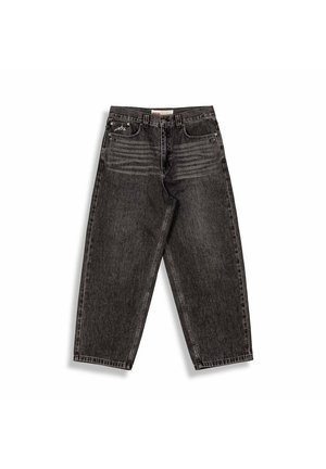 Schwarze Denim-Jeans mit geradem Bein, ausgestattet mit einem verblassten Finish, Stickdetails und Nietenakzenten an den vorderen Taschen.
