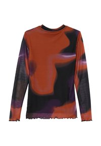 Lange mouwen top in een mix van oranje, zwart en paarse kleuren met een vloeiend abstract patroon en golvende zoomdetails.