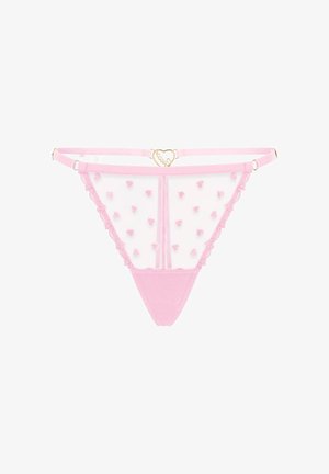 Transparenter rosa String mit kleinen Herzmustern, Spitzenrändern, verstellbaren Trägern und einem goldenen herzförmigen Verschluss am Bund.