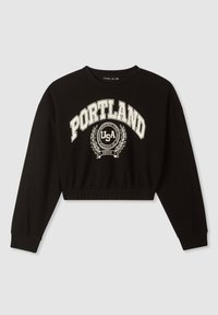 Felpa nera corta con maniche lunghe, caratterizzata da una grande grafica "PORTLAND USA" e un design di alloro in crema. Tessuto morbido, vestibilità rilassata.