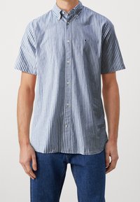 Korte mouw button-up shirt in blauw en witte verticale strepen, gemaakt van lichte stof, met een button-down kraag en een subtiel logo.