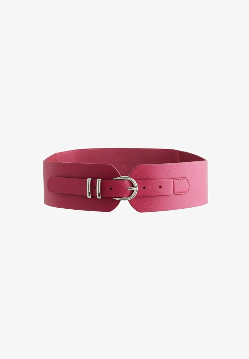 Large ceinture en cuir rose avec une texture lisse, dotée d'une boucle en métal et de deux sangles réglables de chaque côté pour un ajustement sécurisé.