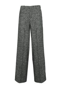Pantaloni a gamba larga in misto lana con un motivo a macchie grigie e nere, caratterizzati da una vita alta e senza tasche esterne. Texture morbida.